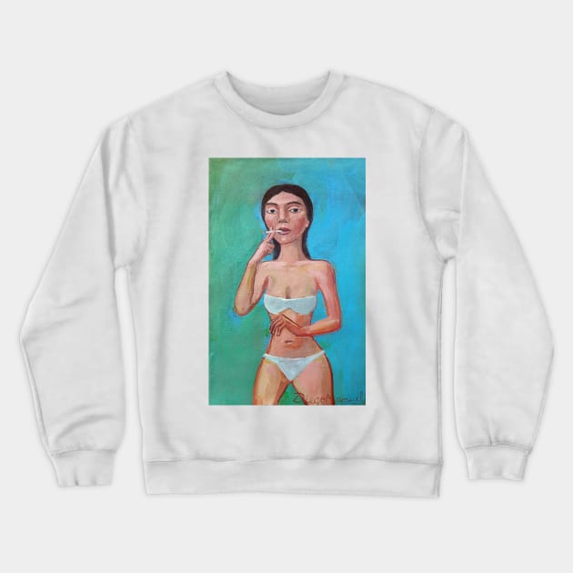 Brunette girl with cigarette Crewneck Sweatshirt by diegomanuel